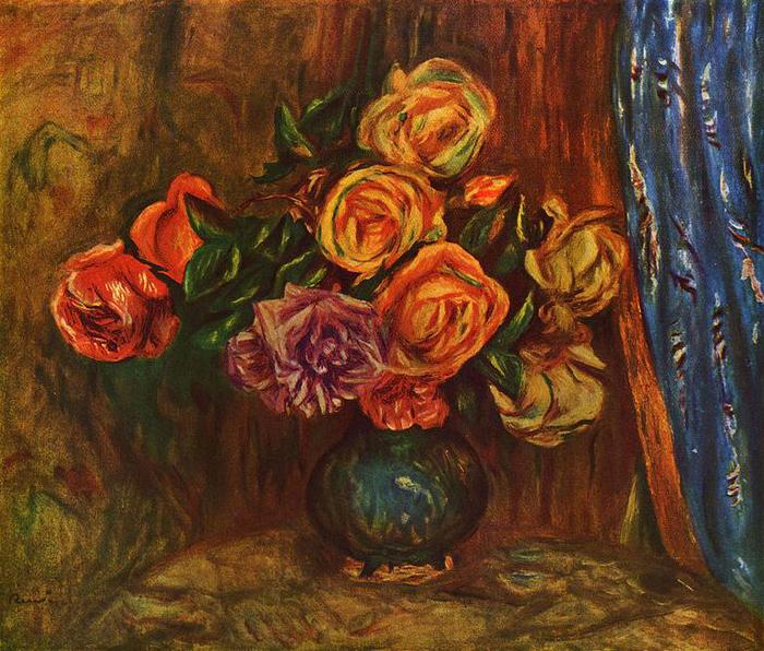 Pierre-Auguste Renoir Stilleben, Rosen vor Blauem Vorhang Norge oil painting art